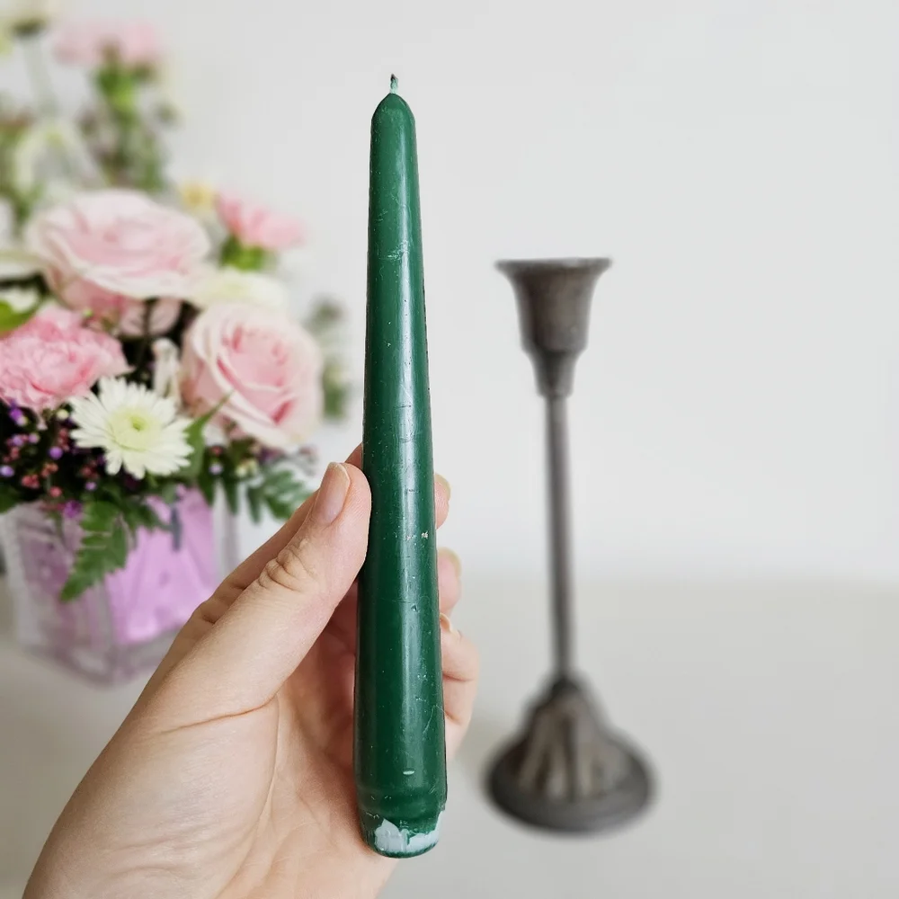 Antique Wrought Cast Iron Goth Candlestick Pillar CandleHolder & Green Candle